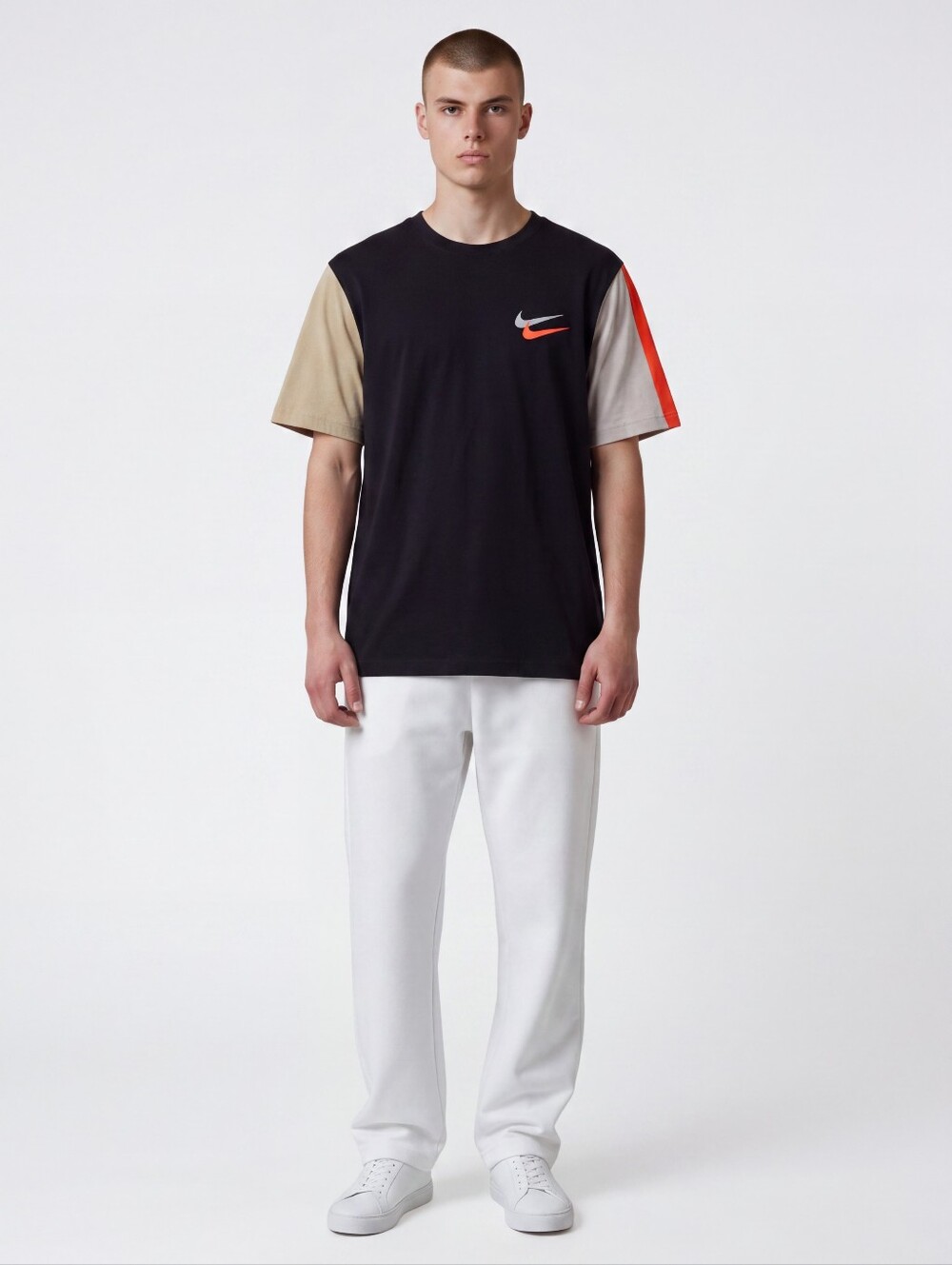 Nike Men’s Black Tee with Orange, Tan & Gray Colorblock Swooshes